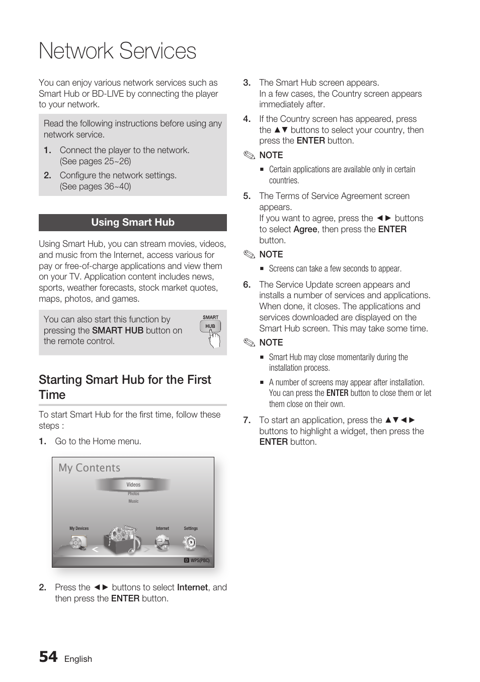 Network services, Using smart hub, Starting smart hub for the first time | Samsung BD-D7000 User Manual | Page 54 / 74