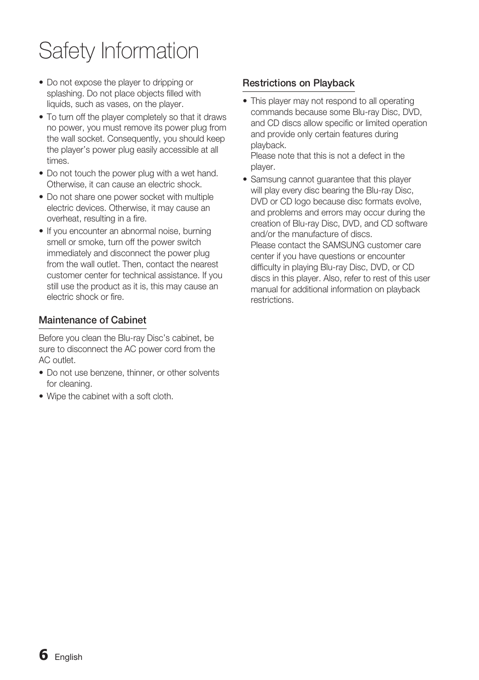 Safety information | Samsung BD-D7000 User Manual | Page 6 / 74