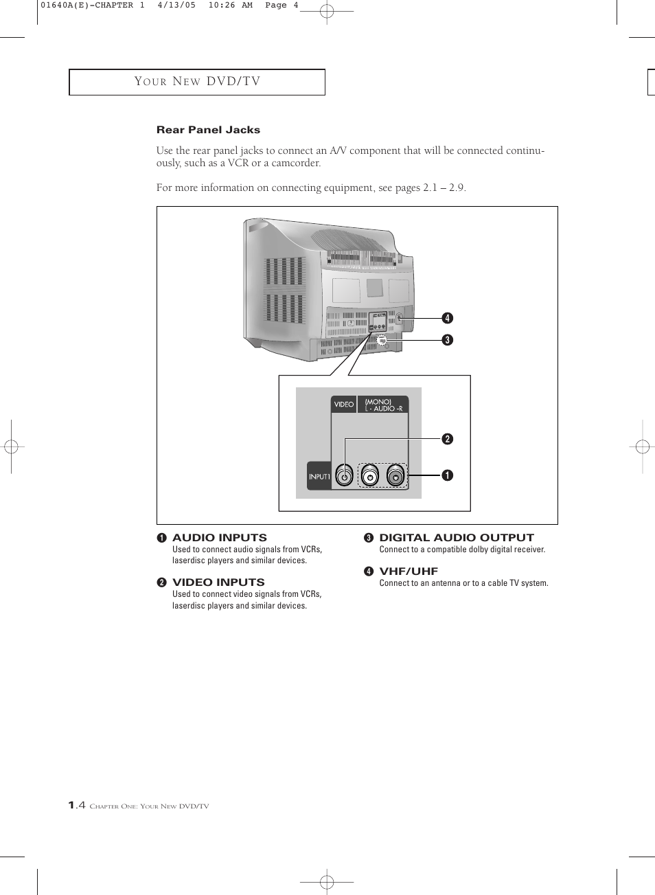 Rear panel jacks, D v d / t v | Samsung CSL2099DV User Manual | Page 10 / 71