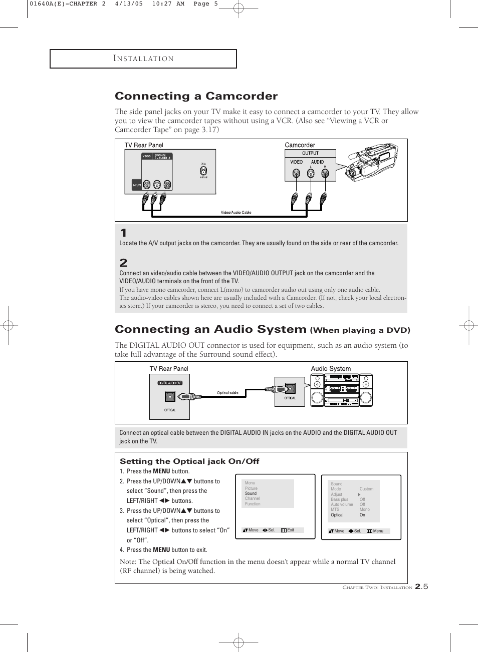 Connecting a camcorder, Connecting an audio system (when playing a dvd), Connecting an audio system | Samsung CSL2099DV User Manual | Page 17 / 71