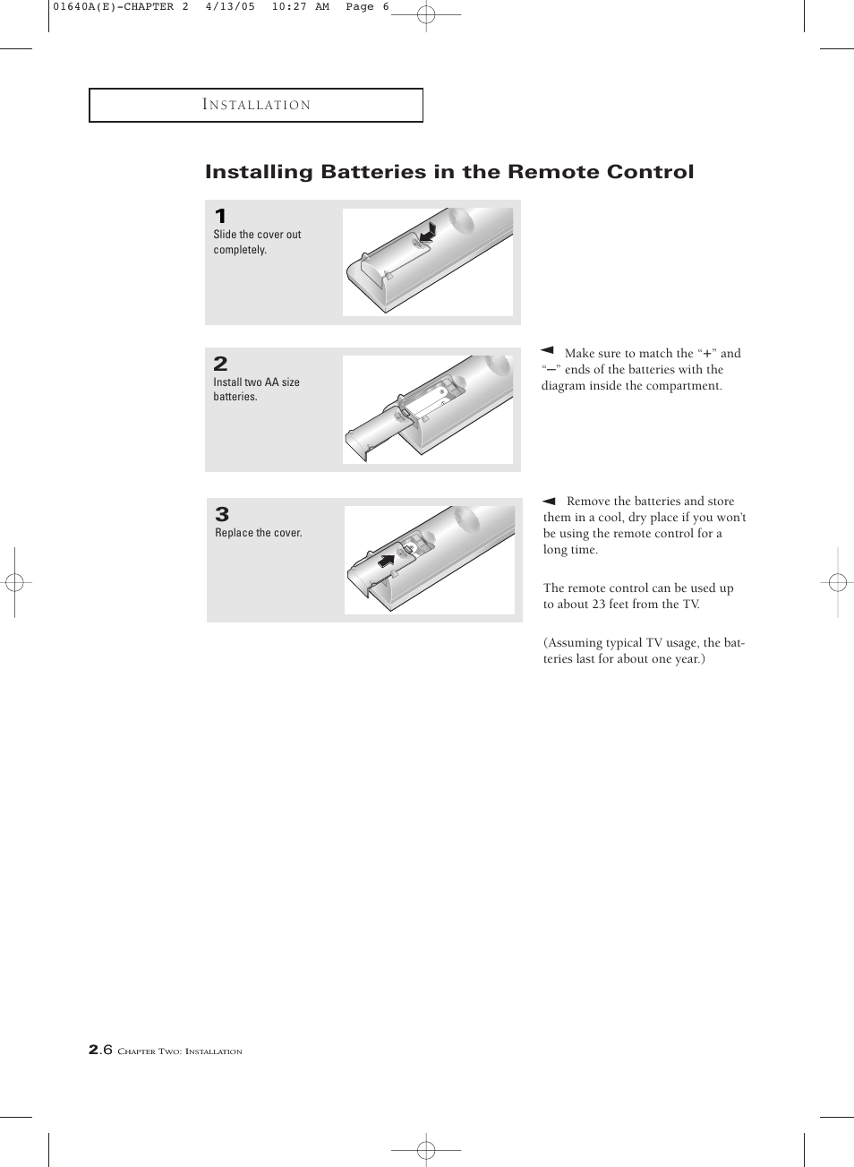 Installing batteries in the remote control | Samsung CSL2099DV User Manual | Page 18 / 71