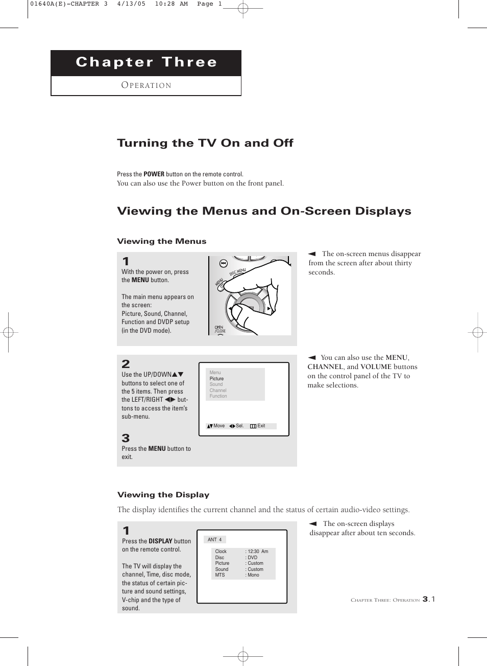 Chapter three operation, Turning the tv on and off, Viewing the menus and on-screen displays | Samsung CSL2099DV User Manual | Page 19 / 71
