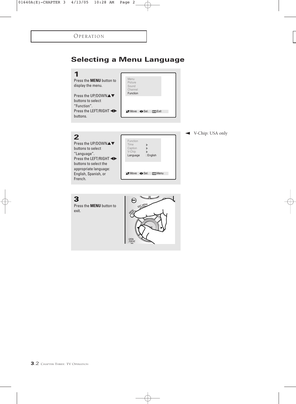 Selecting a menu language | Samsung CSL2099DV User Manual | Page 20 / 71
