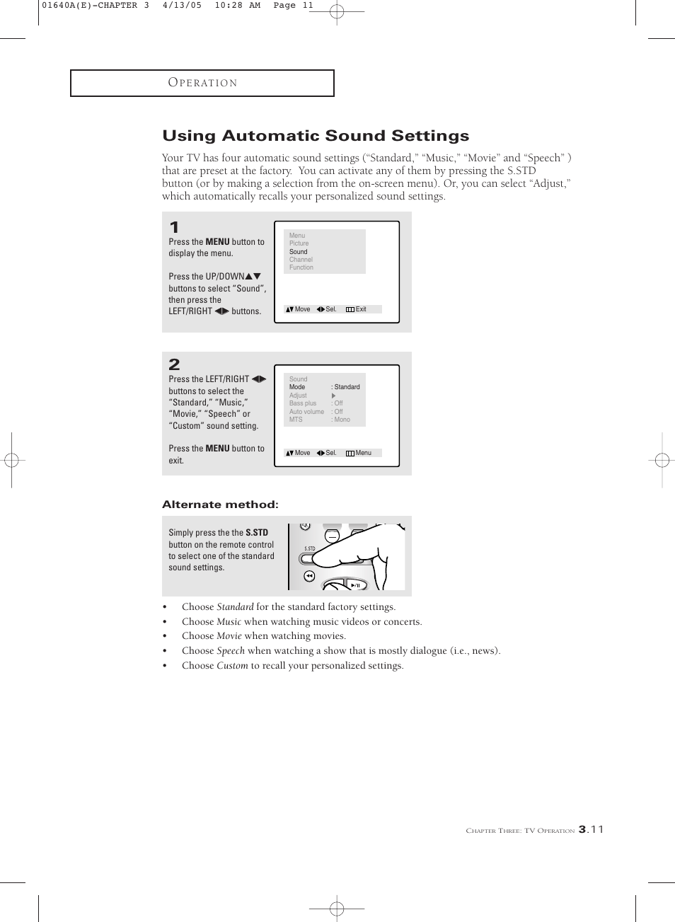 Using automatic sound settings | Samsung CSL2099DV User Manual | Page 29 / 71