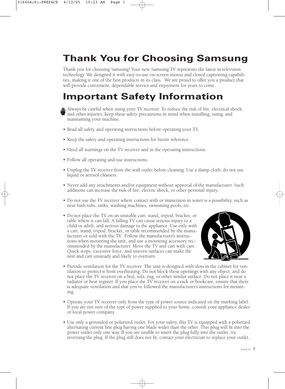 Thank you for choosing samsung, Important safety information | Samsung CSL2099DV User Manual | Page 3 / 71