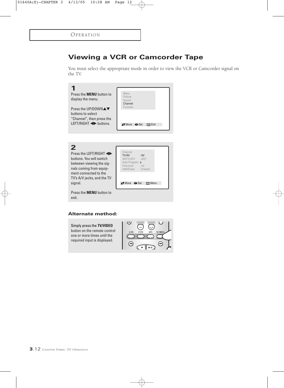 Viewing a vcr or camcorder tape | Samsung CSL2099DV User Manual | Page 30 / 71