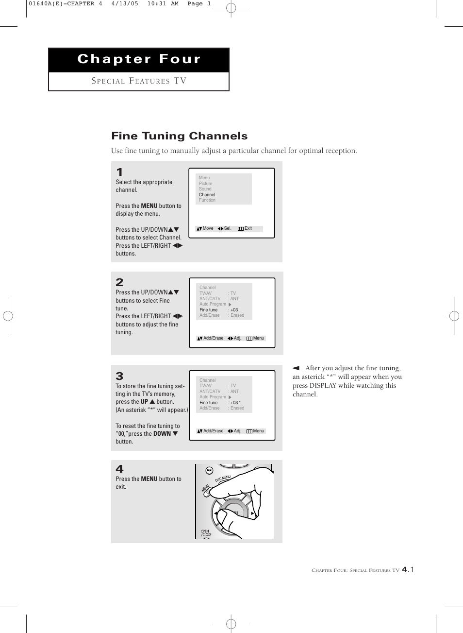 Chapter four special features tv, Fine tuning channels | Samsung CSL2099DV User Manual | Page 31 / 71