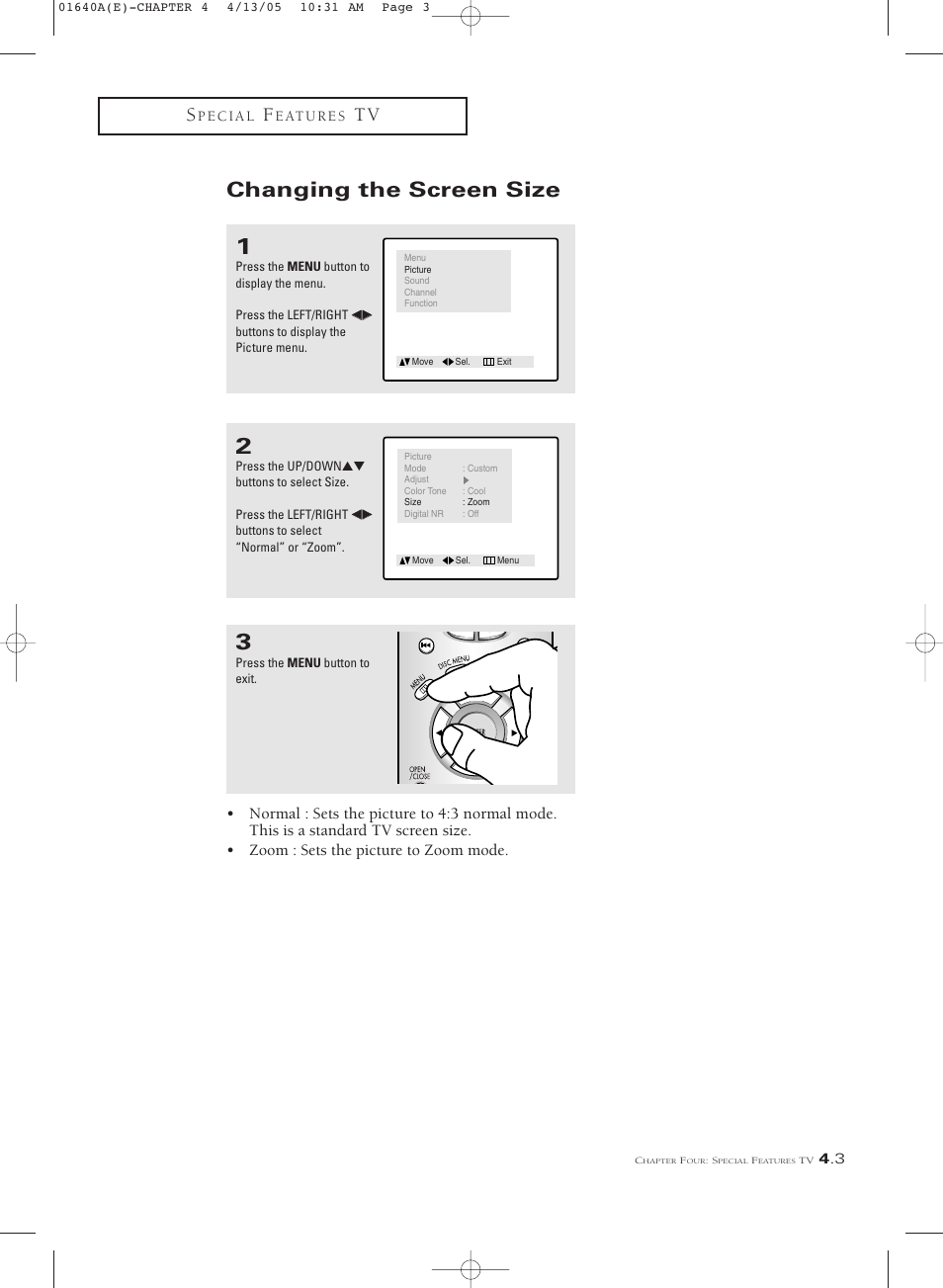Changing the screen size | Samsung CSL2099DV User Manual | Page 33 / 71
