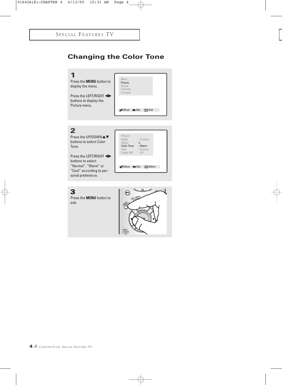 Changing the color tone | Samsung CSL2099DV User Manual | Page 34 / 71