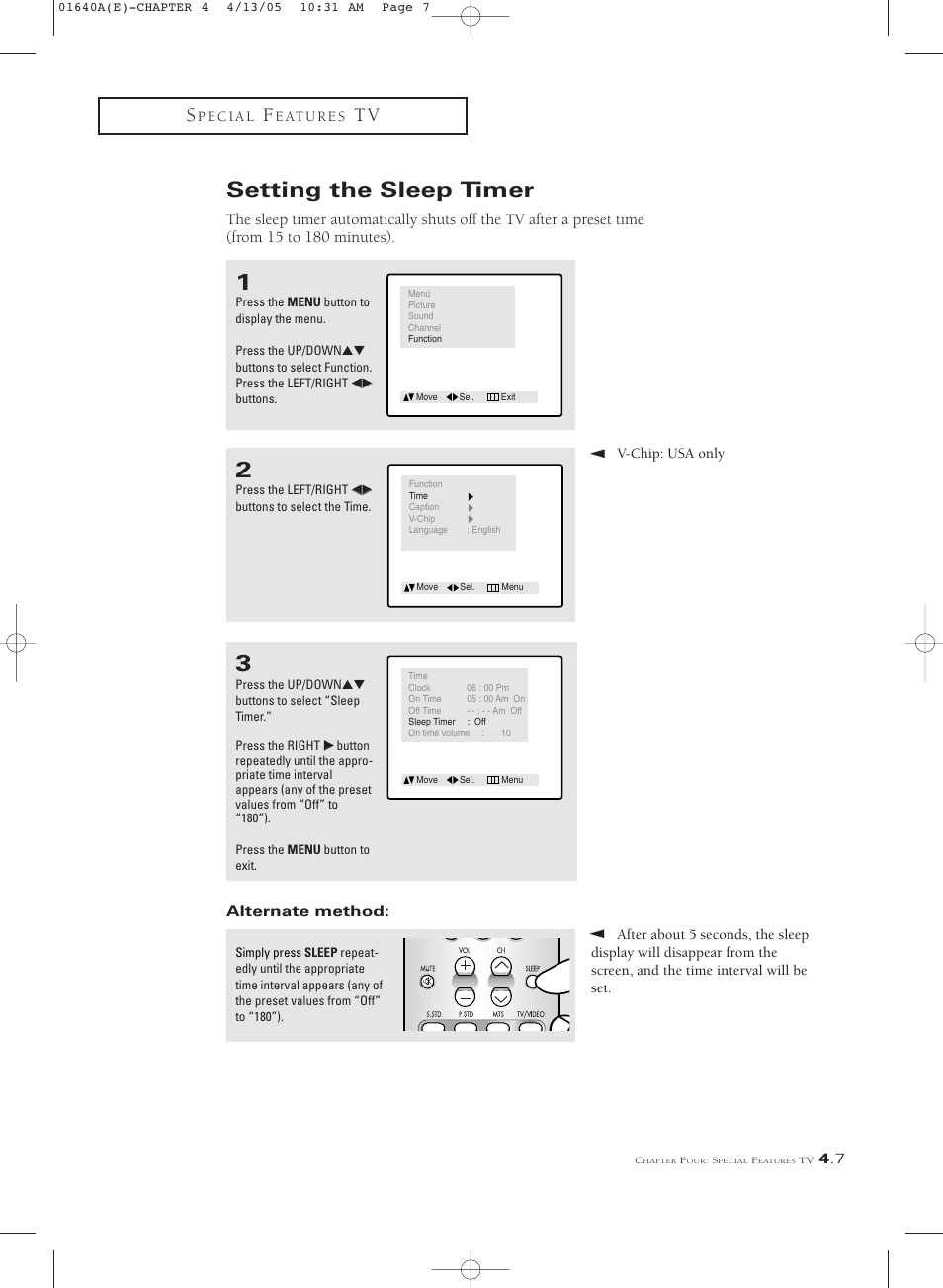 Setting the sleep timer | Samsung CSL2099DV User Manual | Page 37 / 71