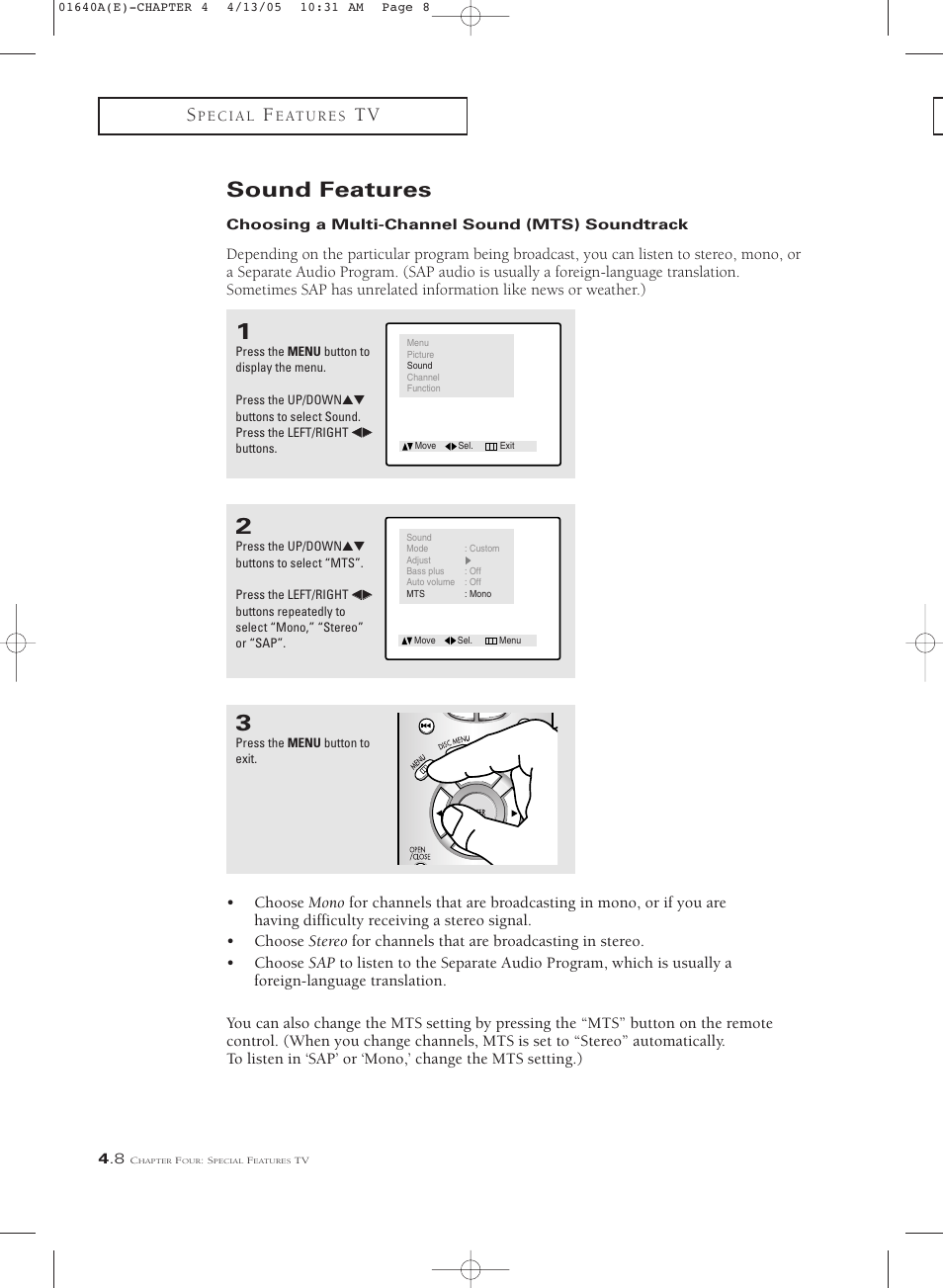 Sound features | Samsung CSL2099DV User Manual | Page 38 / 71