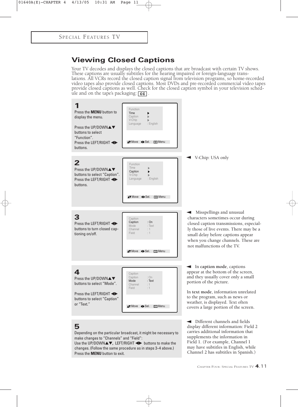 Viewing closed captions | Samsung CSL2099DV User Manual | Page 41 / 71