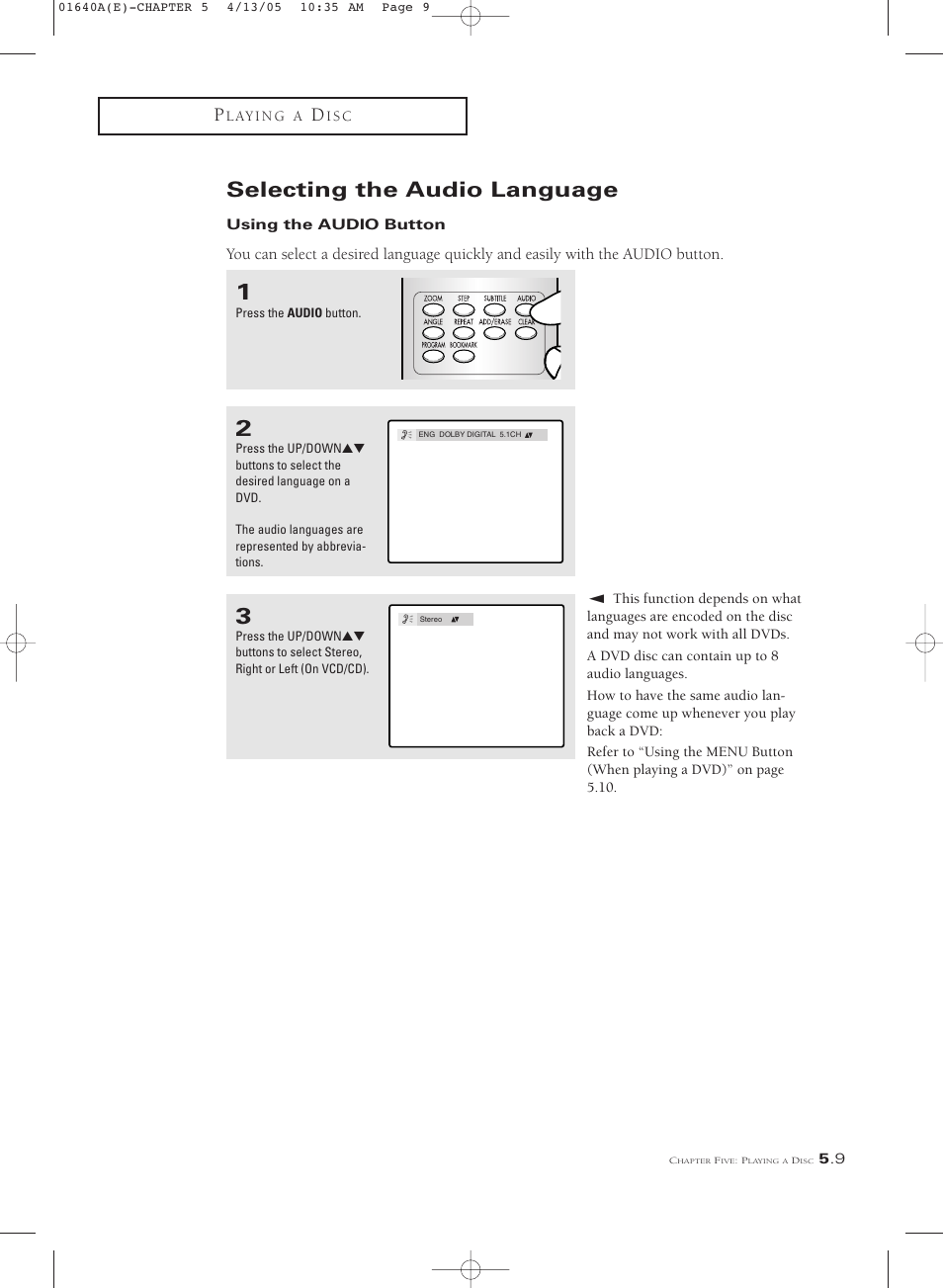 Selecting the audio language | Samsung CSL2099DV User Manual | Page 55 / 71