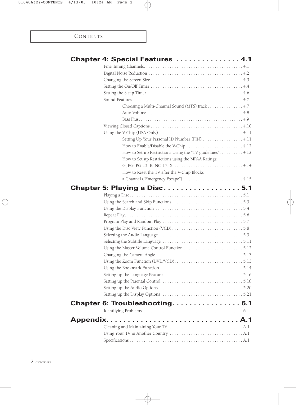 Chapter 4: special features, Chapter 5: playing a disc, Chapter 6: troubleshooting | Samsung CSL2099DV User Manual | Page 6 / 71