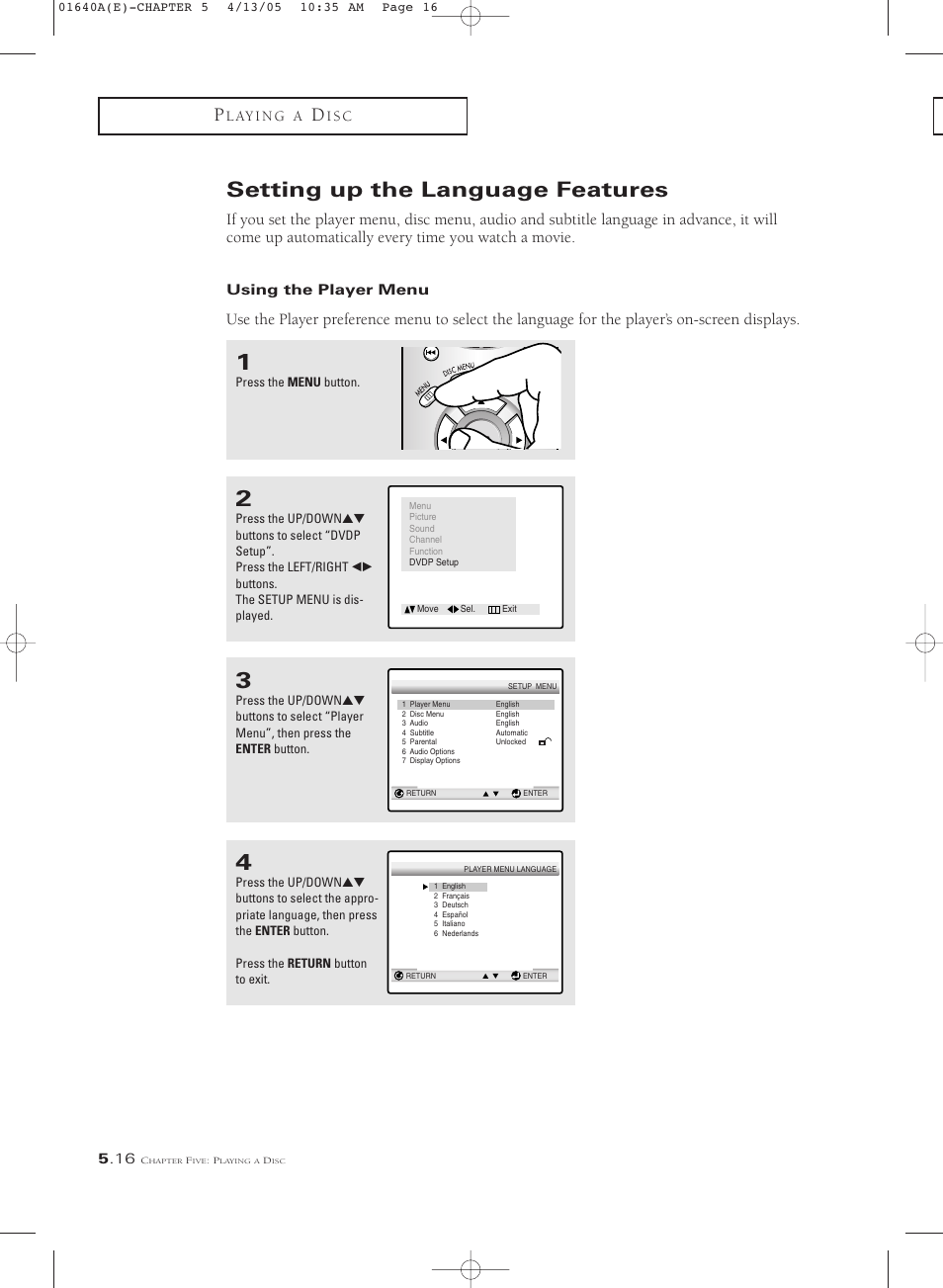Setting up the language features | Samsung CSL2099DV User Manual | Page 62 / 71