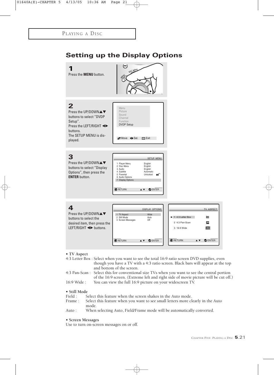 Setting up the display options | Samsung CSL2099DV User Manual | Page 67 / 71