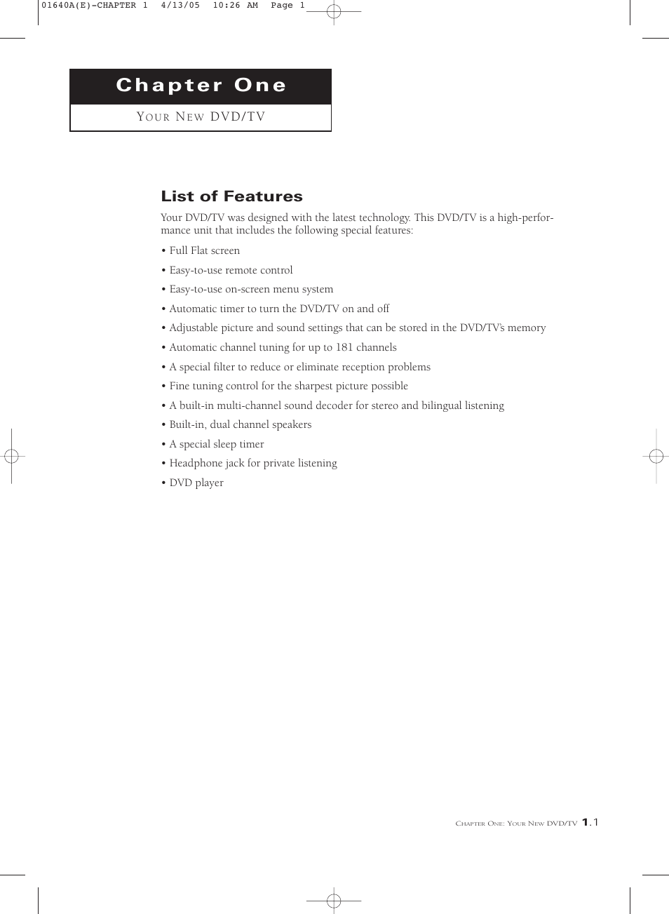 Chapter one your new dvd/tv, List of features, D v d / t v | Samsung CSL2099DV User Manual | Page 7 / 71