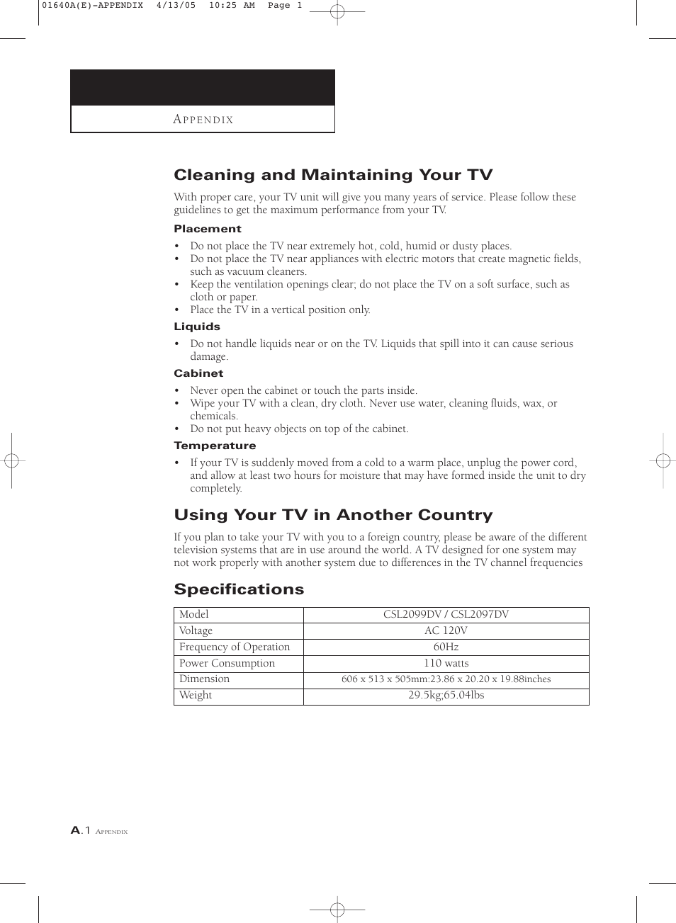 Appendix, Cleaning and maintaining your tv, Using your tv in another country | Specifications | Samsung CSL2099DV User Manual | Page 70 / 71