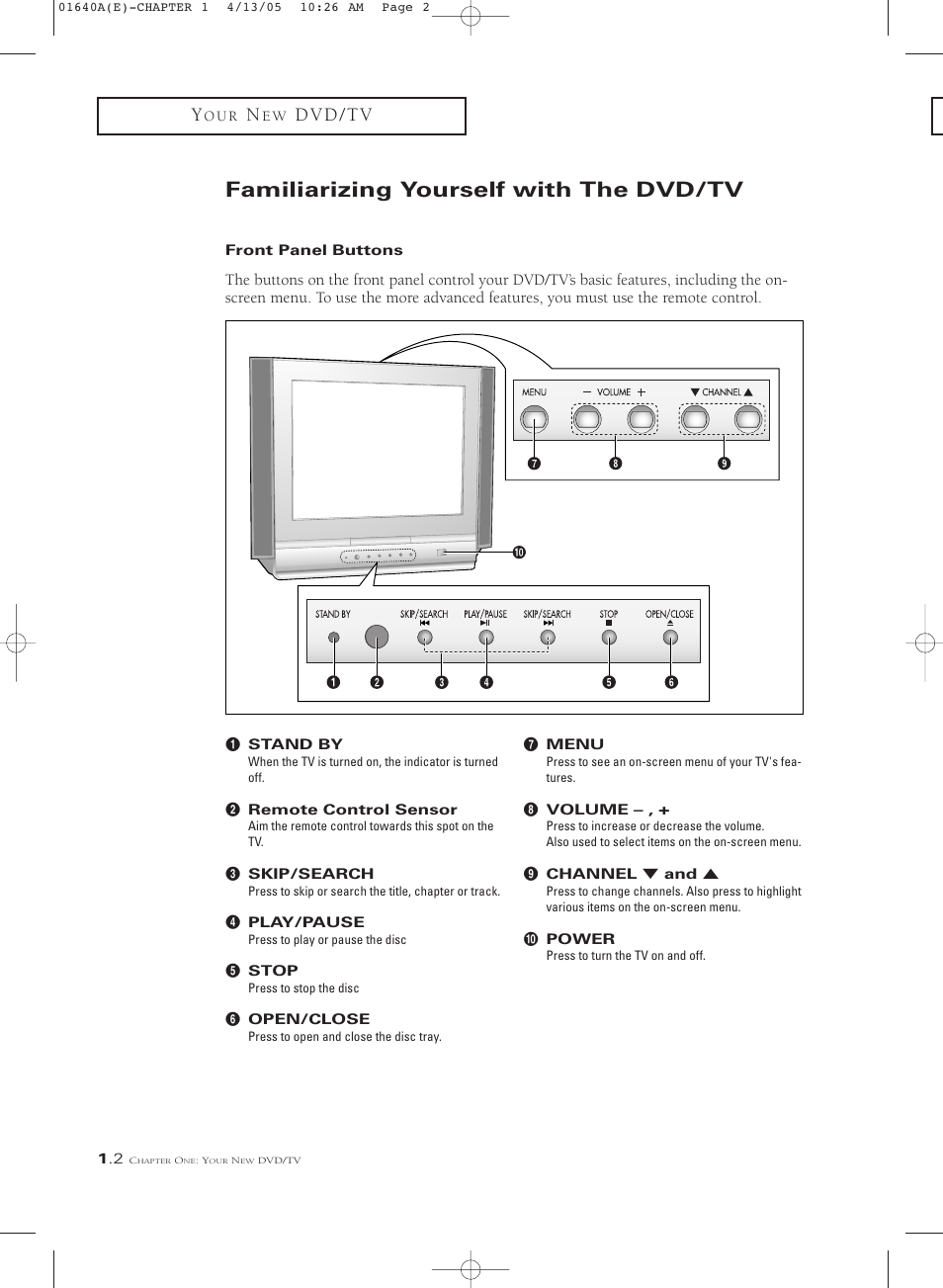 Familiarizing yourself with the dvd/tv, Front panel buttons, D v d / t v | Samsung CSL2099DV User Manual | Page 8 / 71