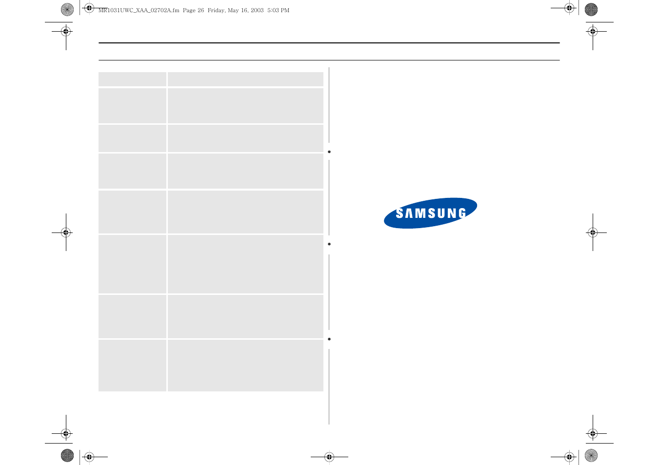 Quick reference | Samsung MR1031UWC User Manual | Page 26 / 26