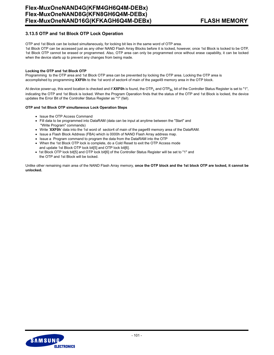 5 otp and 1st block otp lock operation, Flex-muxonenand4g(kfm4gh6q4m-debx) | Samsung FLEX-MUXONENAND KFN8GH6Q4M User Manual | Page 101 / 142