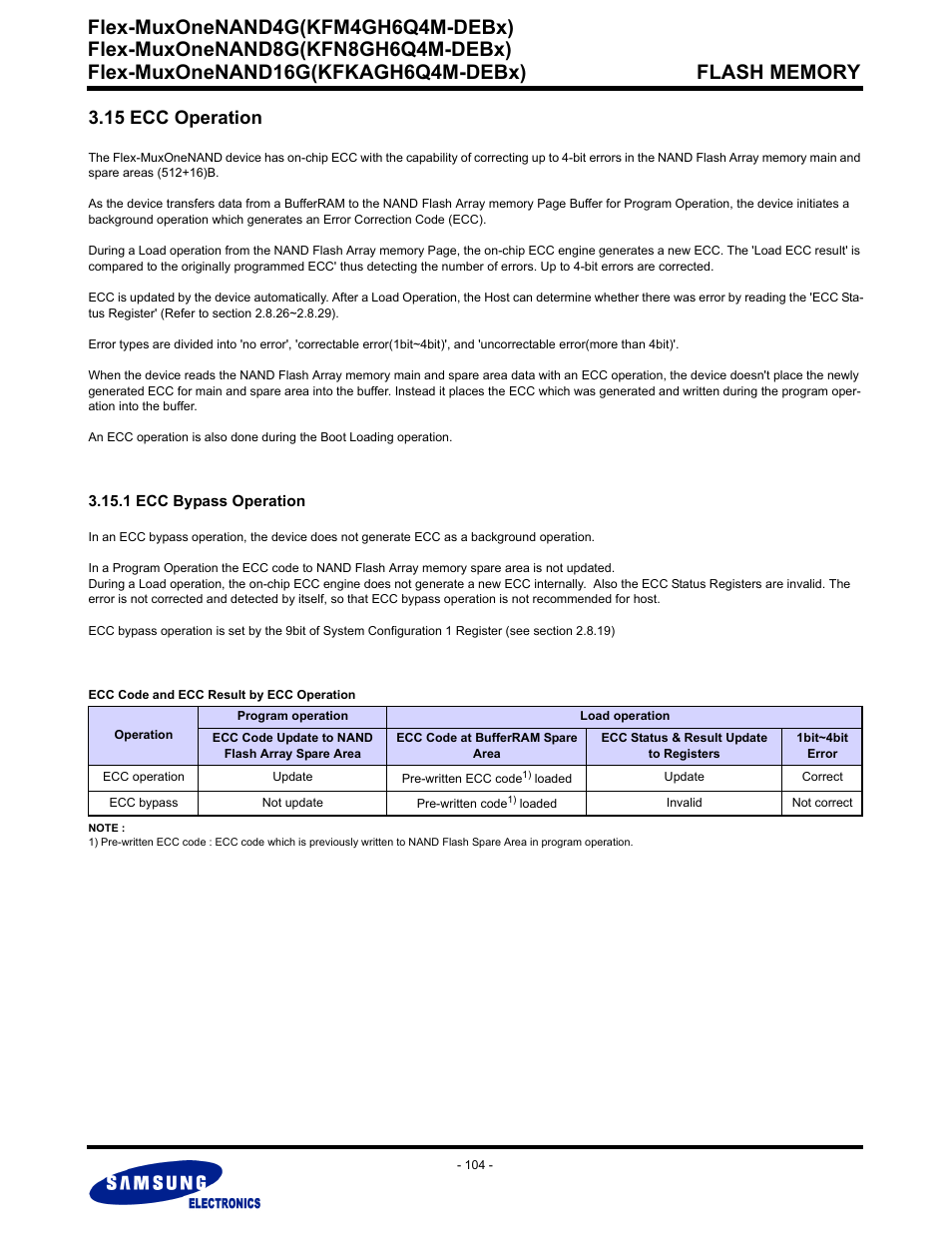 15 ecc operation, 1 ecc bypass operation, Flex-muxonenand4g(kfm4gh6q4m-debx) | Samsung FLEX-MUXONENAND KFN8GH6Q4M User Manual | Page 104 / 142