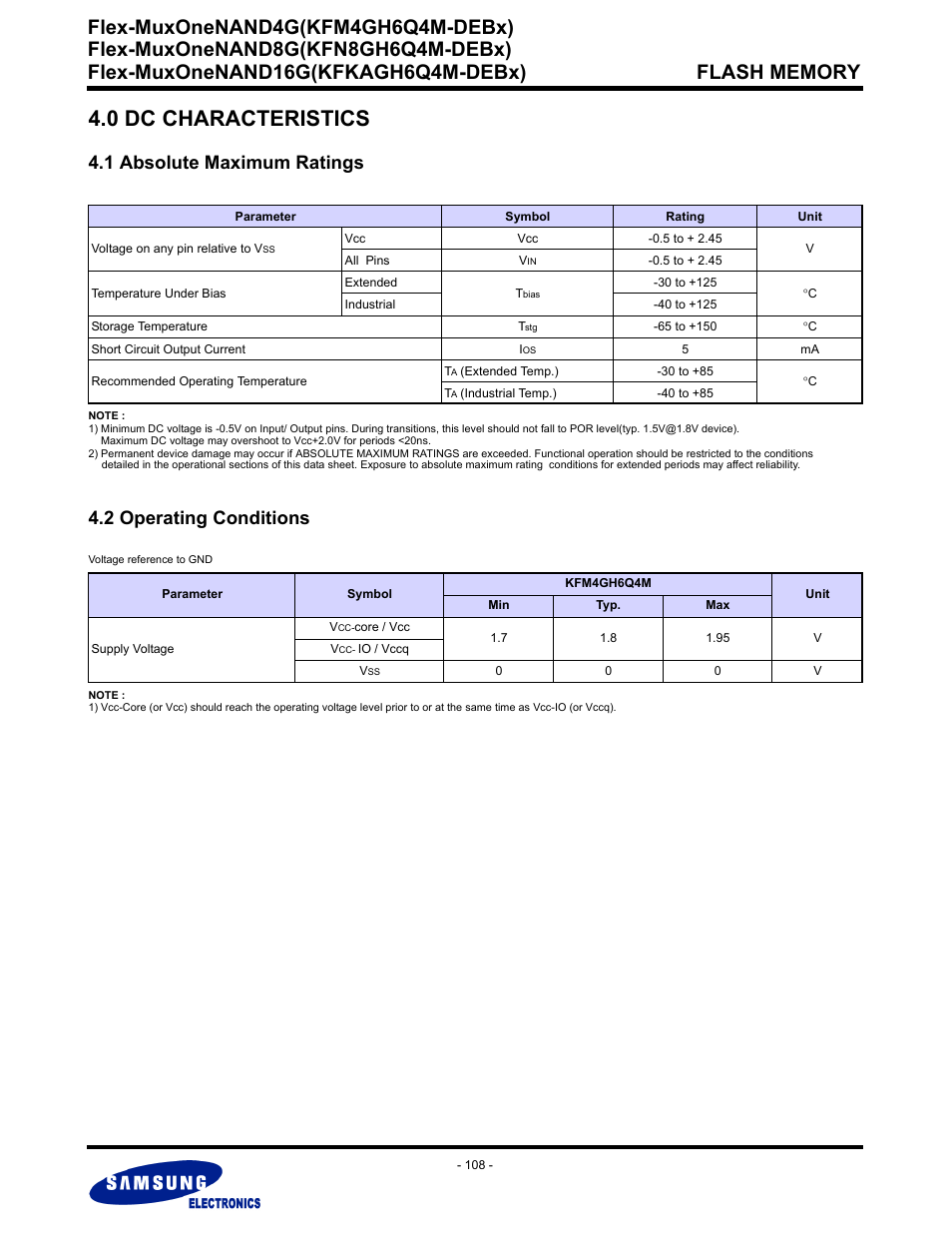 0 dc characteristics, 1 absolute maximum ratings, 2 operating conditions | Flex-muxonenand4g(kfm4gh6q4m-debx) | Samsung FLEX-MUXONENAND KFN8GH6Q4M User Manual | Page 108 / 142