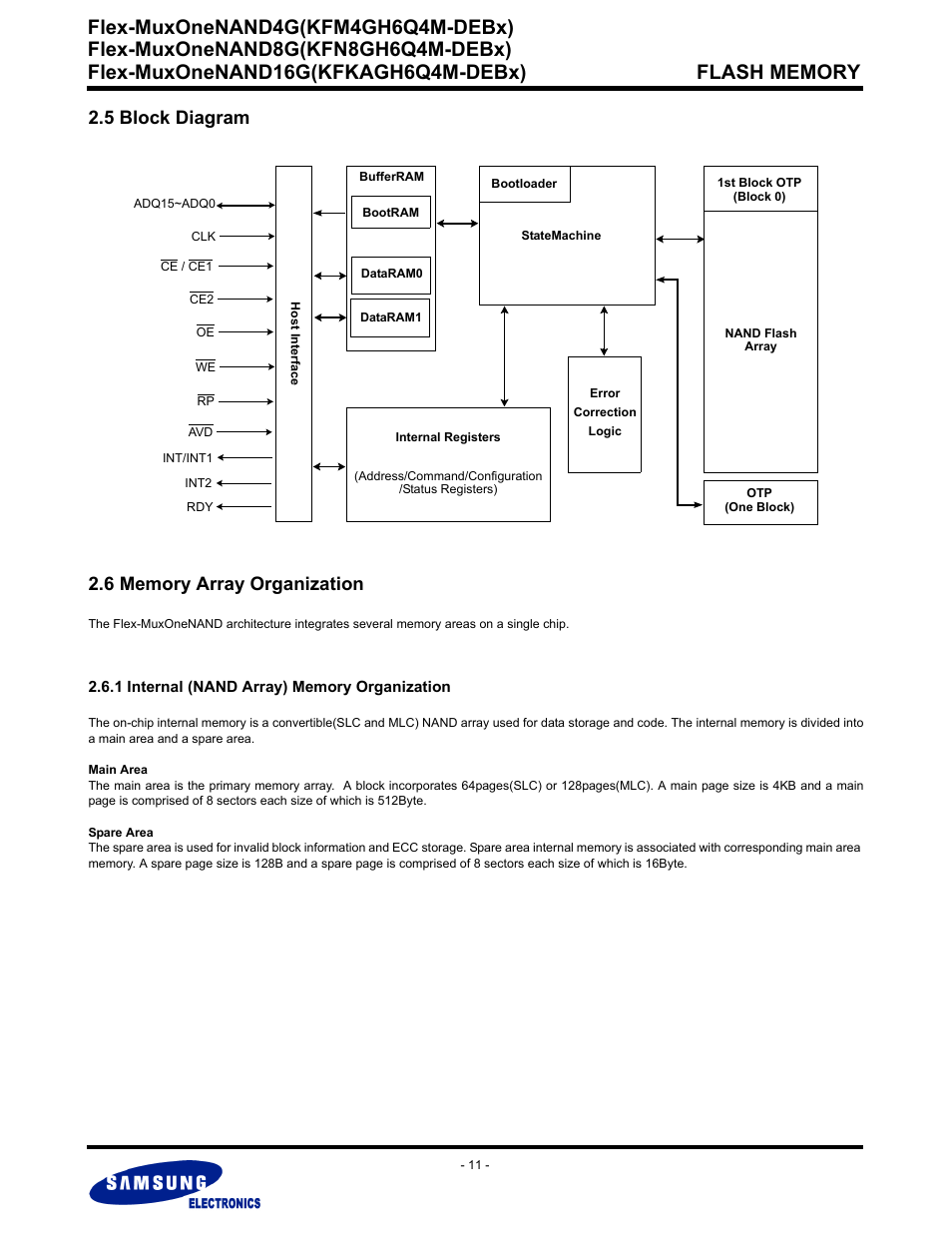 5 block diagram, 6 memory array organization, 1 internal (nand array) memory organization | Flex-muxonenand4g(kfm4gh6q4m-debx) | Samsung FLEX-MUXONENAND KFN8GH6Q4M User Manual | Page 11 / 142