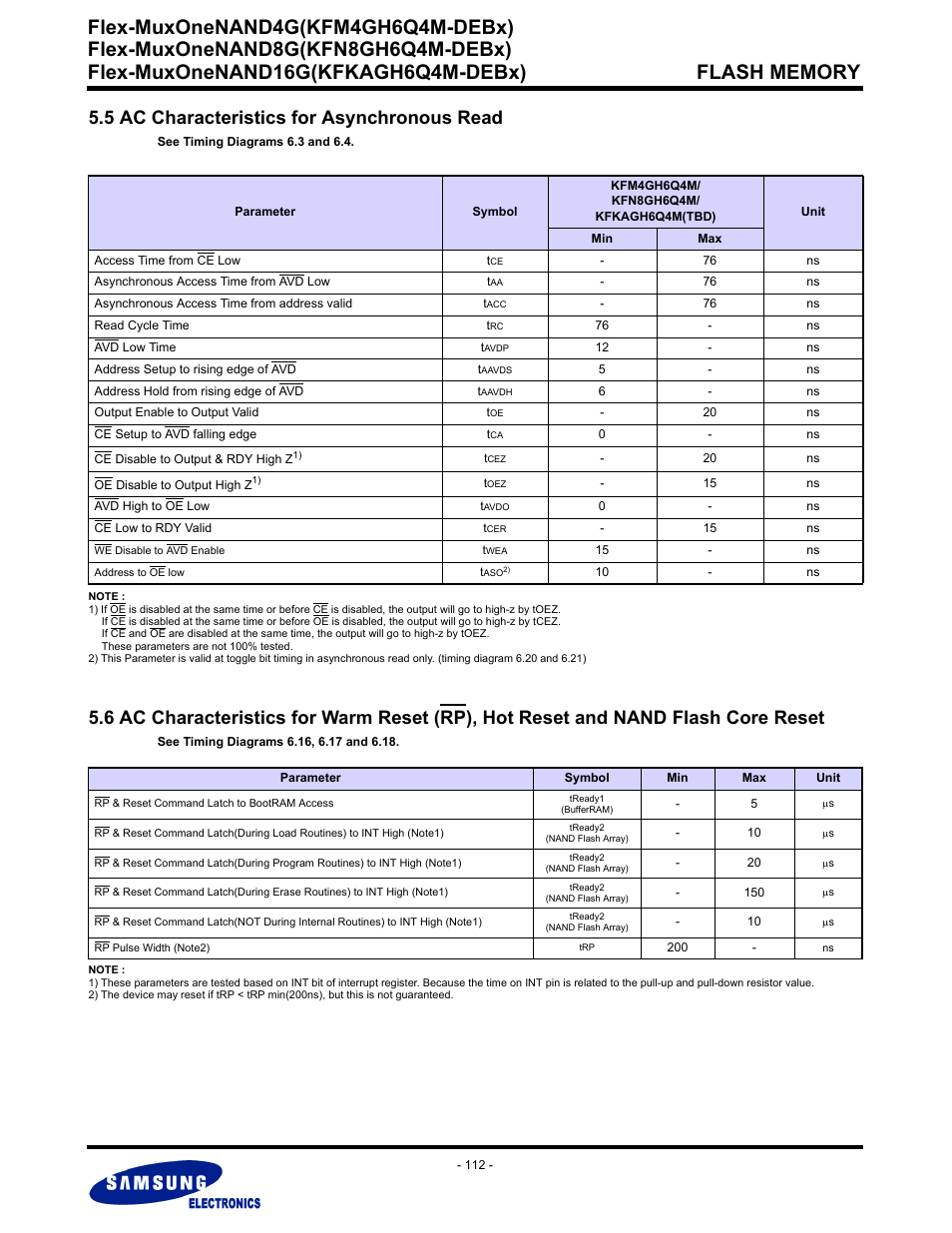 5 ac characteristics for asynchronous read, Flex-muxonenand4g(kfm4gh6q4m-debx) | Samsung FLEX-MUXONENAND KFN8GH6Q4M User Manual | Page 112 / 142