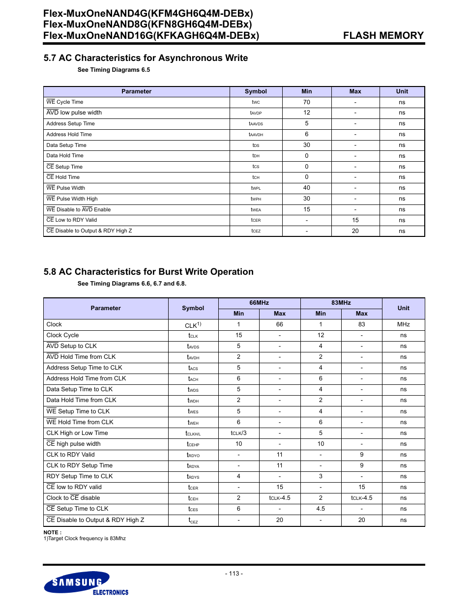7 ac characteristics for asynchronous write, 8 ac characteristics for burst write operation, Flex-muxonenand4g(kfm4gh6q4m-debx) | Samsung FLEX-MUXONENAND KFN8GH6Q4M User Manual | Page 113 / 142