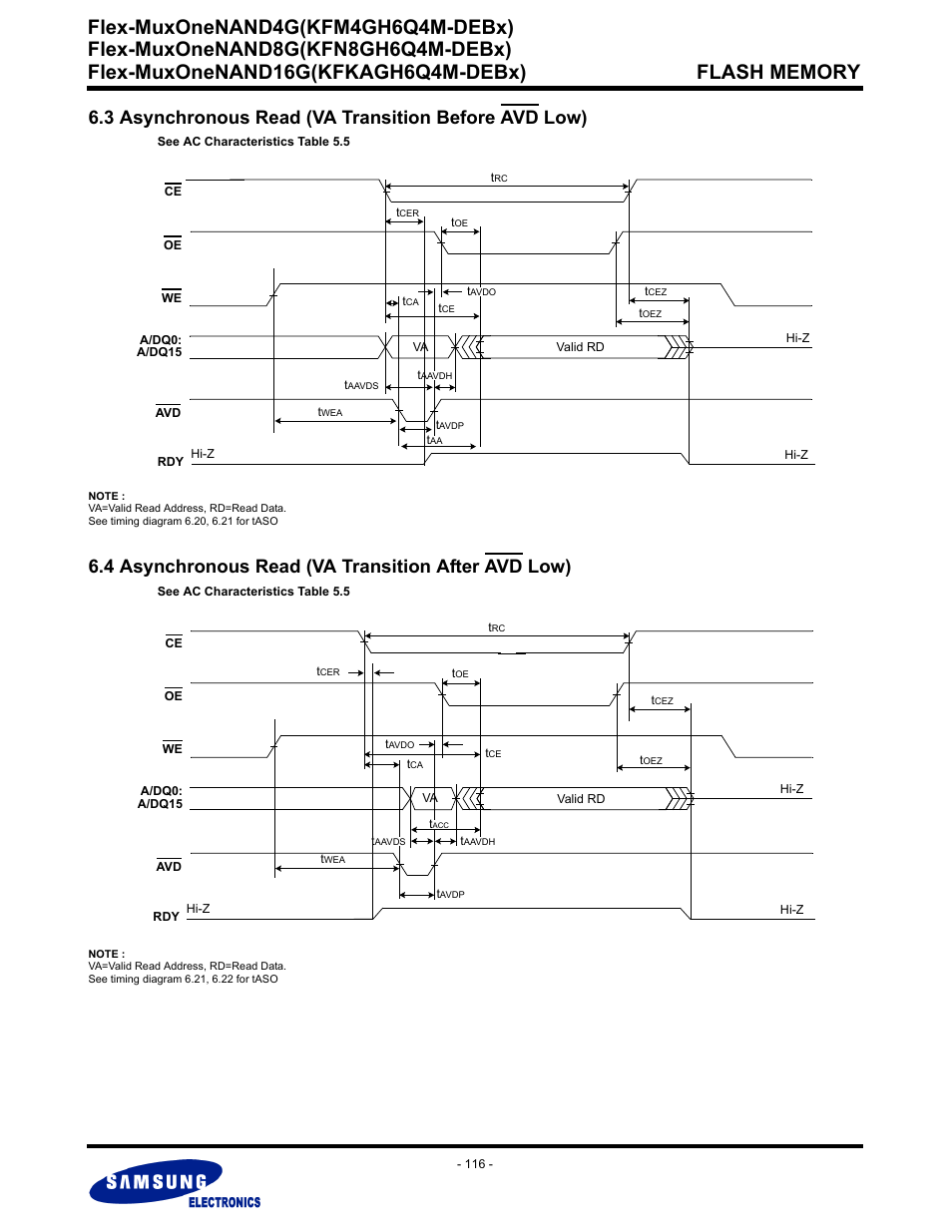 3 asynchronous read (va transition before avd low), 4 asynchronous read (va transition after avd low), Flex-muxonenand4g(kfm4gh6q4m-debx) | Samsung FLEX-MUXONENAND KFN8GH6Q4M User Manual | Page 116 / 142