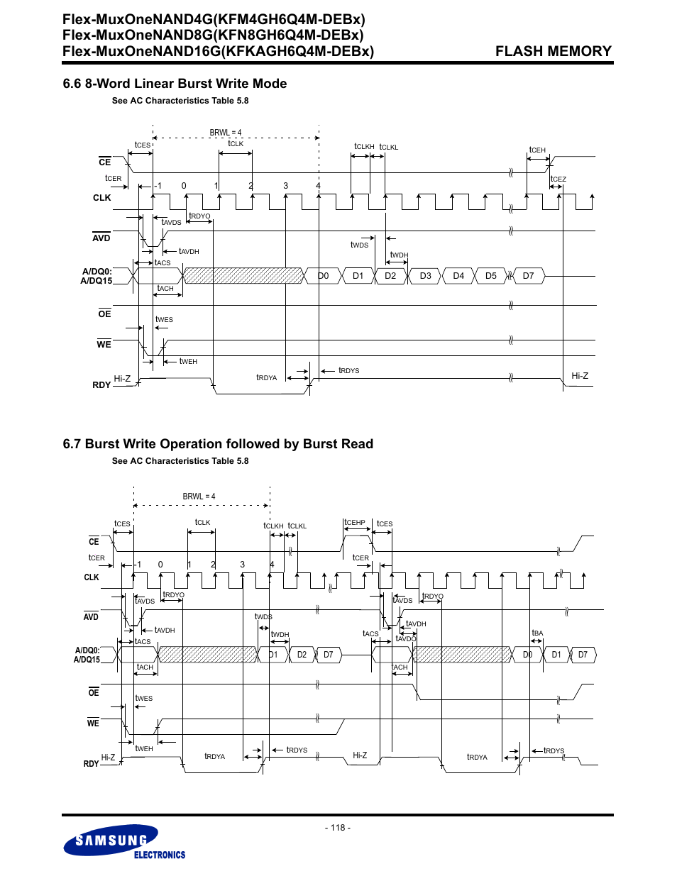 6 8-word linear burst write mode, 7 burst write operation followed by burst read, Flex-muxonenand4g(kfm4gh6q4m-debx) | Samsung FLEX-MUXONENAND KFN8GH6Q4M User Manual | Page 118 / 142