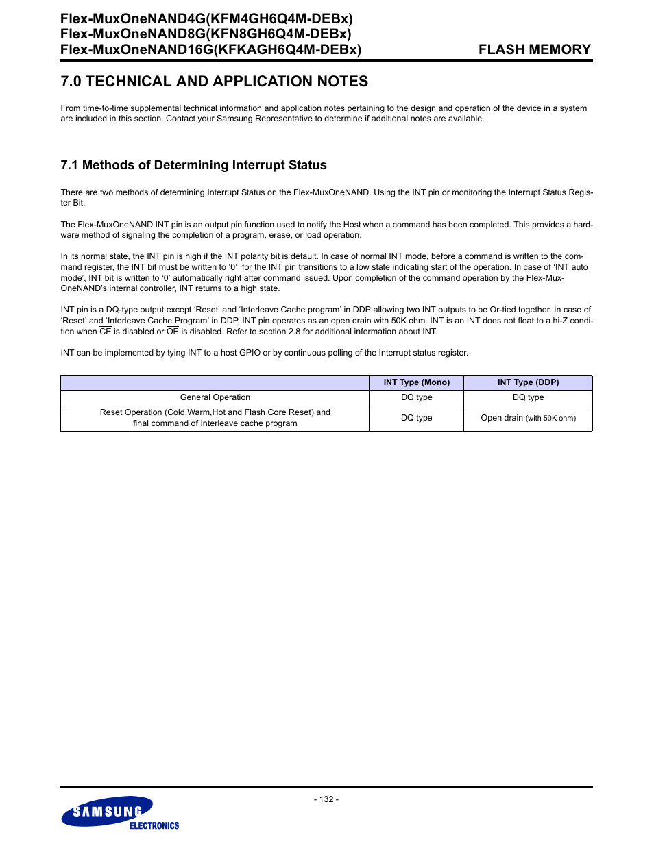 0 technical and application notes, 1 methods of determining interrupt status, Flex-muxonenand4g(kfm4gh6q4m-debx) | Samsung FLEX-MUXONENAND KFN8GH6Q4M User Manual | Page 132 / 142