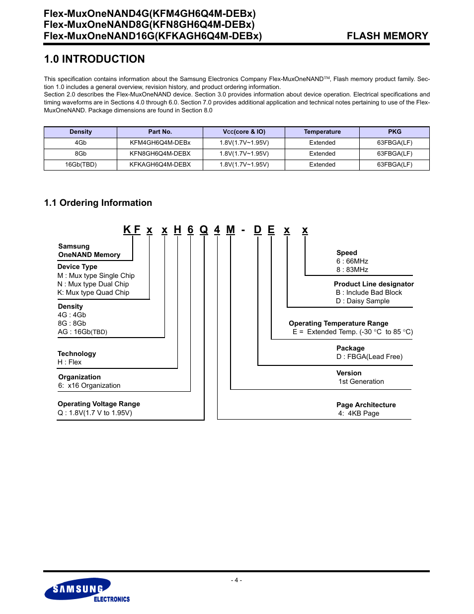 0 introduction, 1 ordering information, Flex-muxonenand4g(kfm4gh6q4m-debx) | Samsung FLEX-MUXONENAND KFN8GH6Q4M User Manual | Page 4 / 142