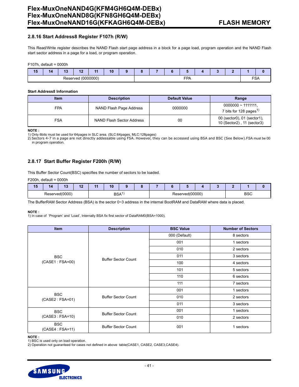 16 start address8 register f107h (r/w), 17 start buffer register f200h (r/w), Flex-muxonenand4g(kfm4gh6q4m-debx) | Samsung FLEX-MUXONENAND KFN8GH6Q4M User Manual | Page 41 / 142