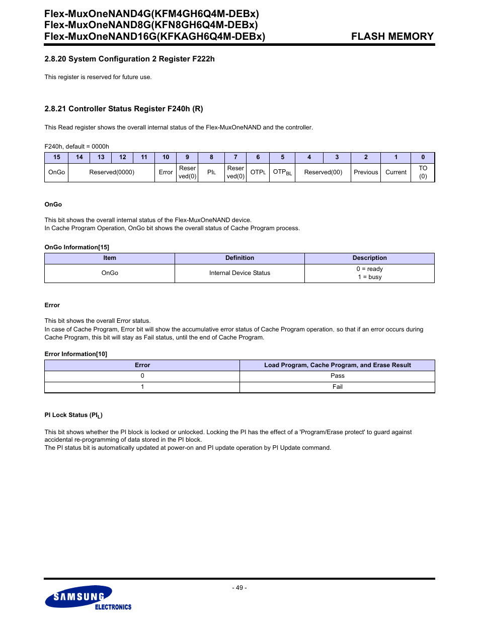 20 system configuration 2 register f222h, 21 controller status register f240h (r), Flex-muxonenand4g(kfm4gh6q4m-debx) | Samsung FLEX-MUXONENAND KFN8GH6Q4M User Manual | Page 49 / 142