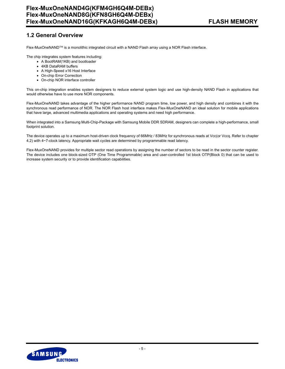 2 general overview, Flex-muxonenand4g(kfm4gh6q4m-debx) | Samsung FLEX-MUXONENAND KFN8GH6Q4M User Manual | Page 5 / 142