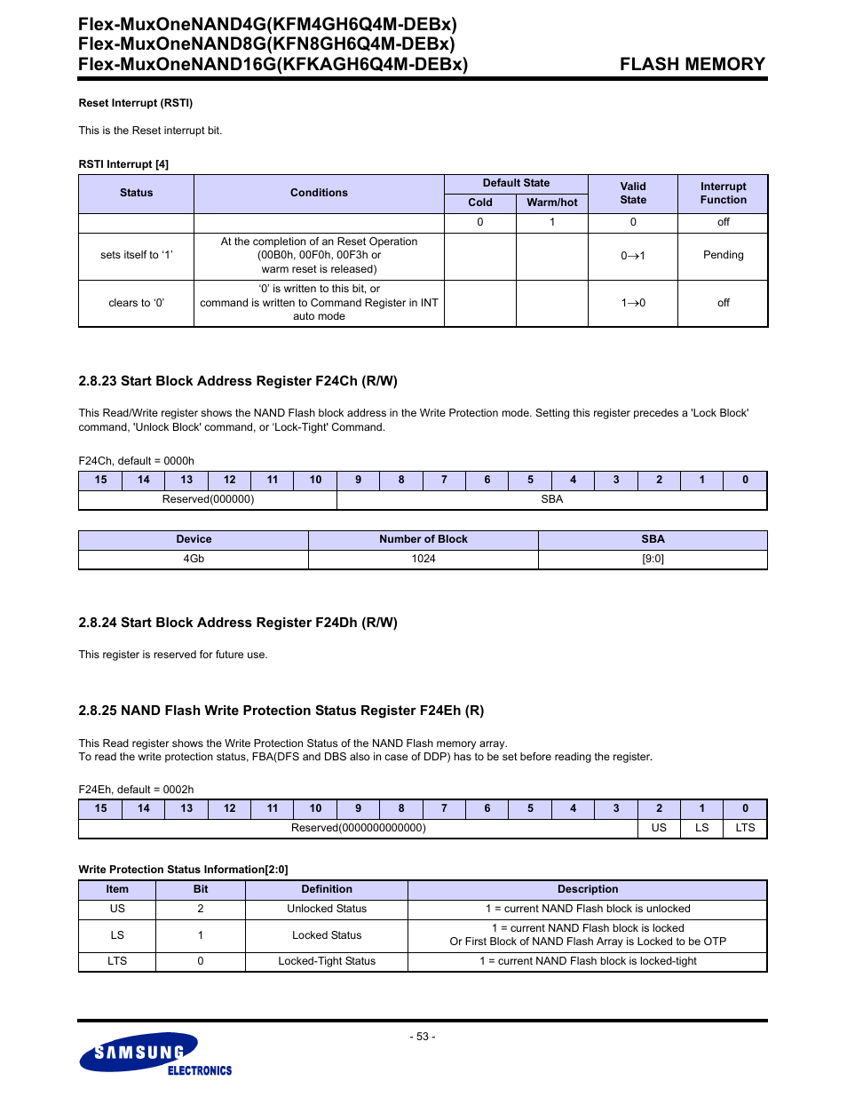 23 start block address register f24ch (r/w), 24 start block address register f24dh (r/w), Flex-muxonenand4g(kfm4gh6q4m-debx) | Samsung FLEX-MUXONENAND KFN8GH6Q4M User Manual | Page 53 / 142