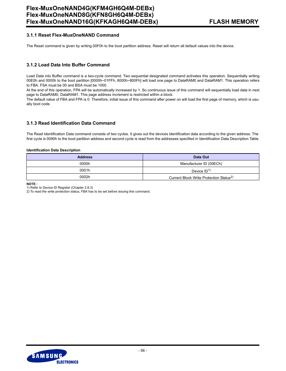 1 reset flex-muxonenand command, 2 load data into buffer command, 3 read identification data command | Flex-muxonenand4g(kfm4gh6q4m-debx) | Samsung FLEX-MUXONENAND KFN8GH6Q4M User Manual | Page 56 / 142