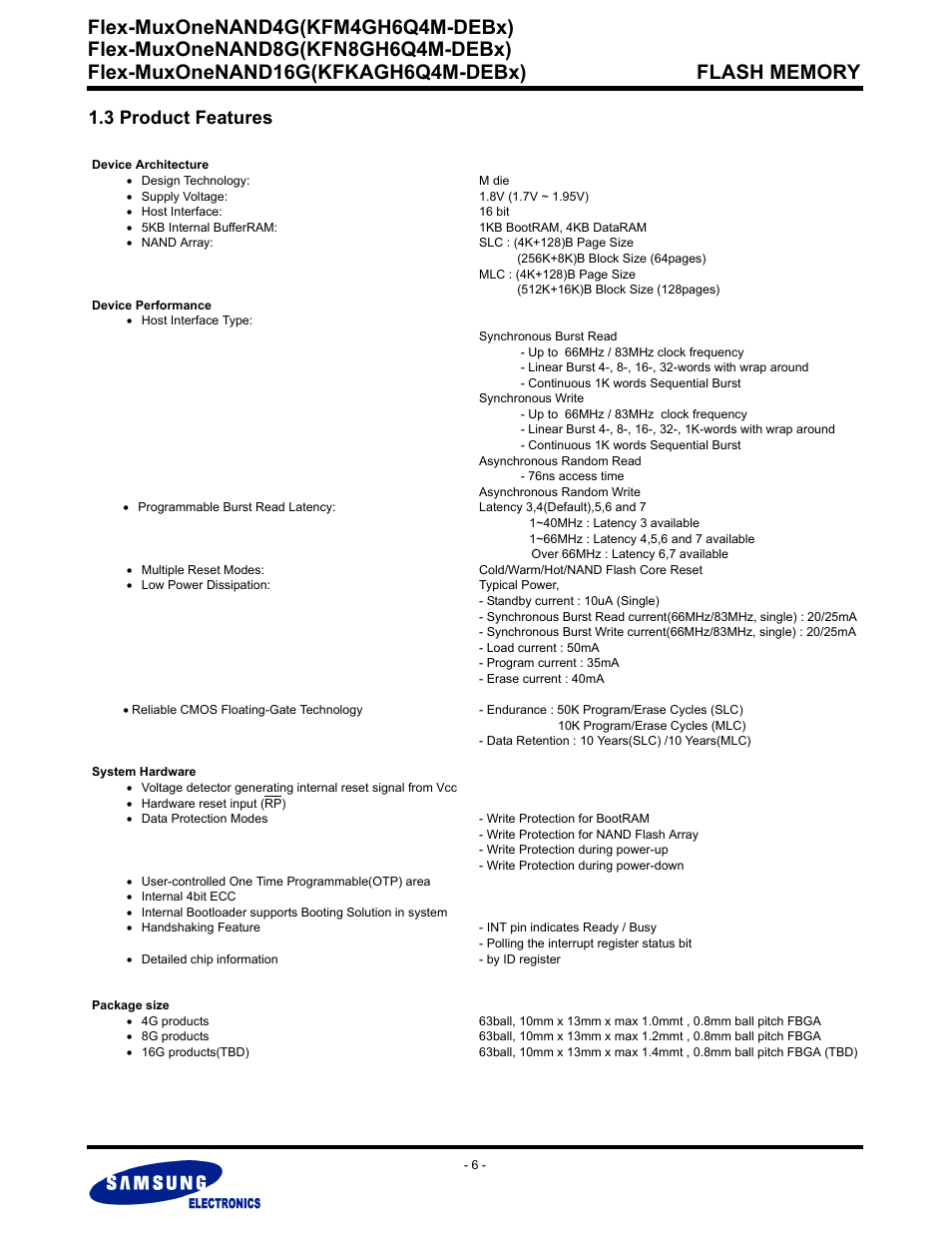 3 product features, Flex-muxonenand4g(kfm4gh6q4m-debx) | Samsung FLEX-MUXONENAND KFN8GH6Q4M User Manual | Page 6 / 142