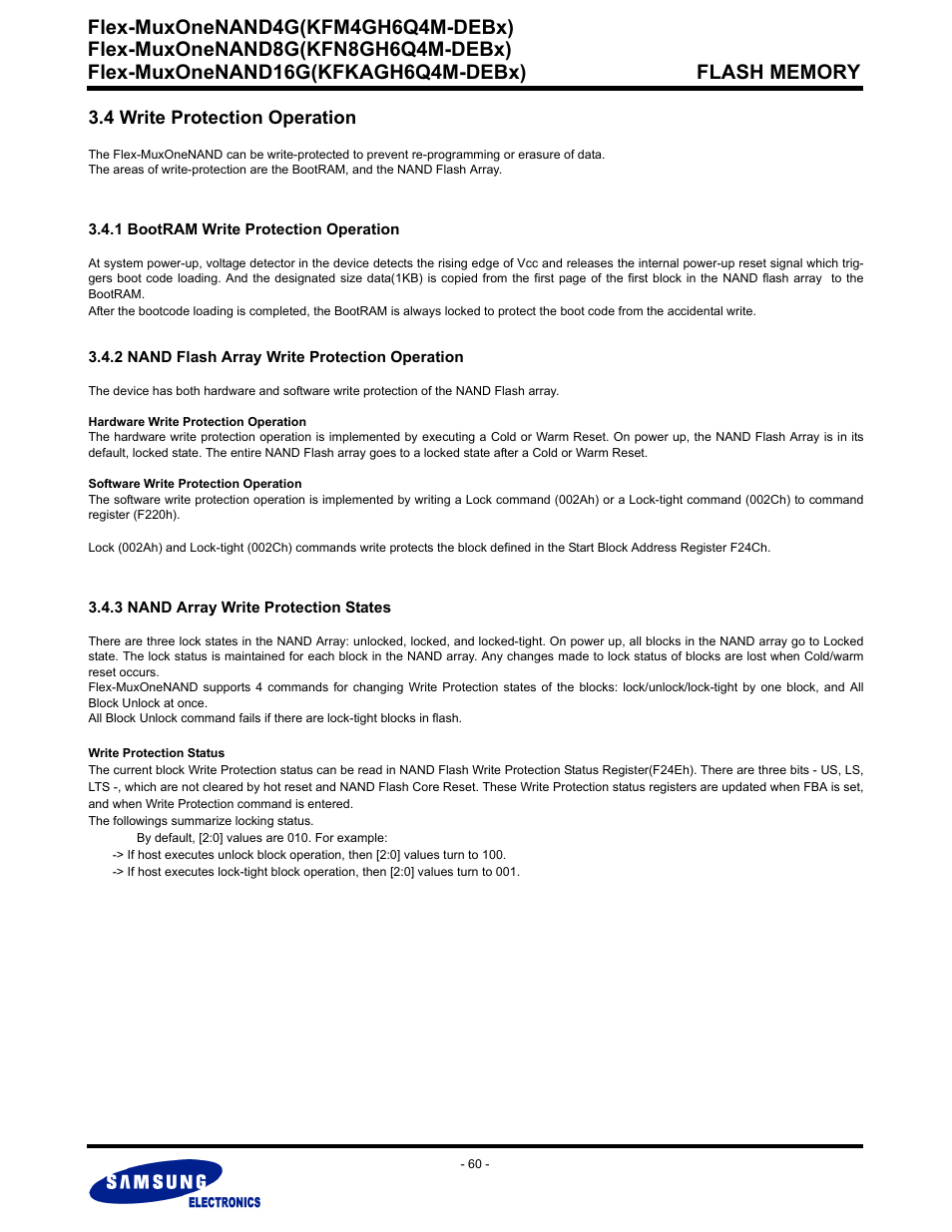 4 write protection operation, 1 bootram write protection operation, 2 nand flash array write protection operation | 3 nand array write protection states, Flex-muxonenand4g(kfm4gh6q4m-debx) | Samsung FLEX-MUXONENAND KFN8GH6Q4M User Manual | Page 60 / 142