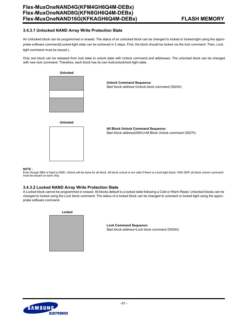 1 unlocked nand array write protection state, 2 locked nand array write protection state, Flex-muxonenand4g(kfm4gh6q4m-debx) | Samsung FLEX-MUXONENAND KFN8GH6Q4M User Manual | Page 61 / 142
