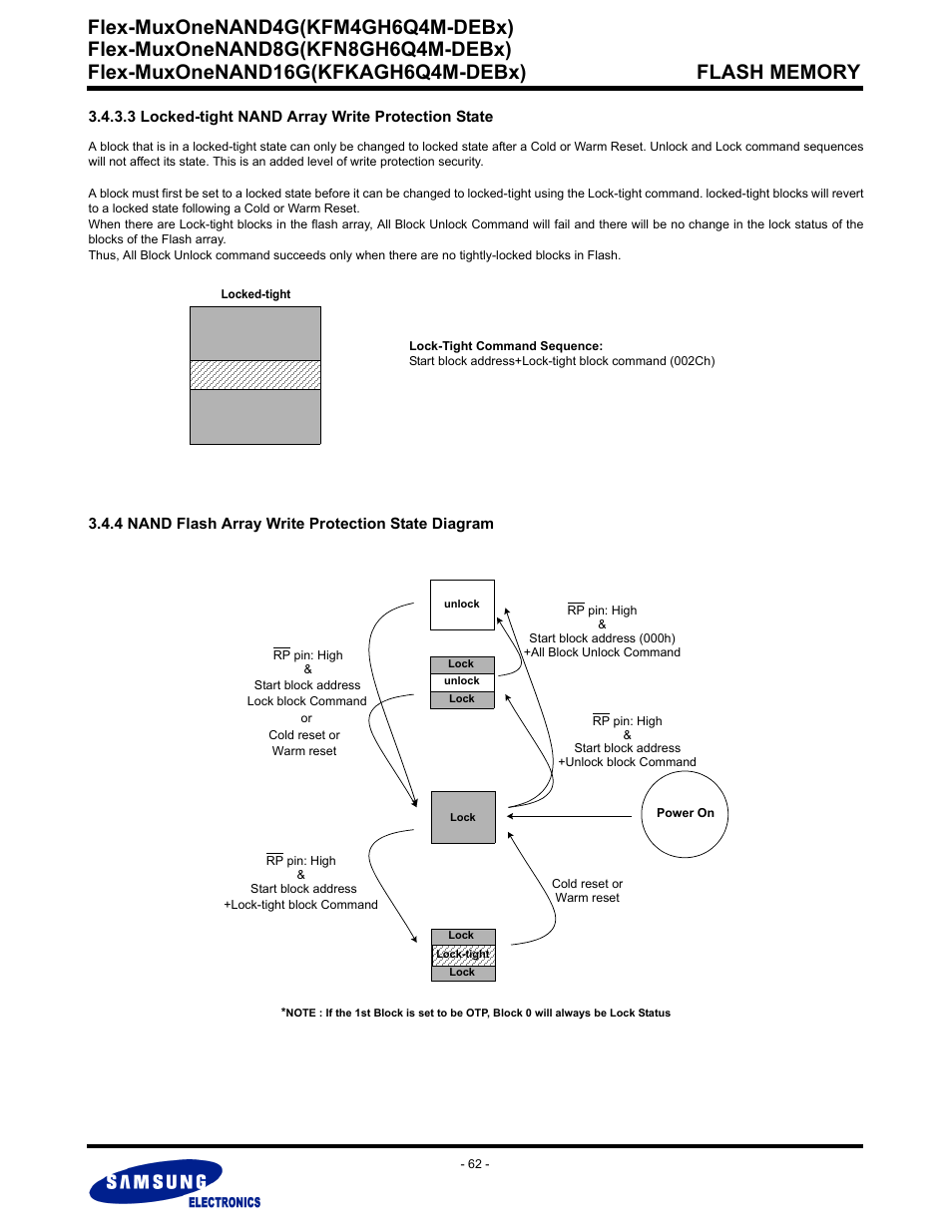 3 locked-tight nand array write protection state, 4 nand flash array write protection state diagram, Flex-muxonenand4g(kfm4gh6q4m-debx) | Samsung FLEX-MUXONENAND KFN8GH6Q4M User Manual | Page 62 / 142