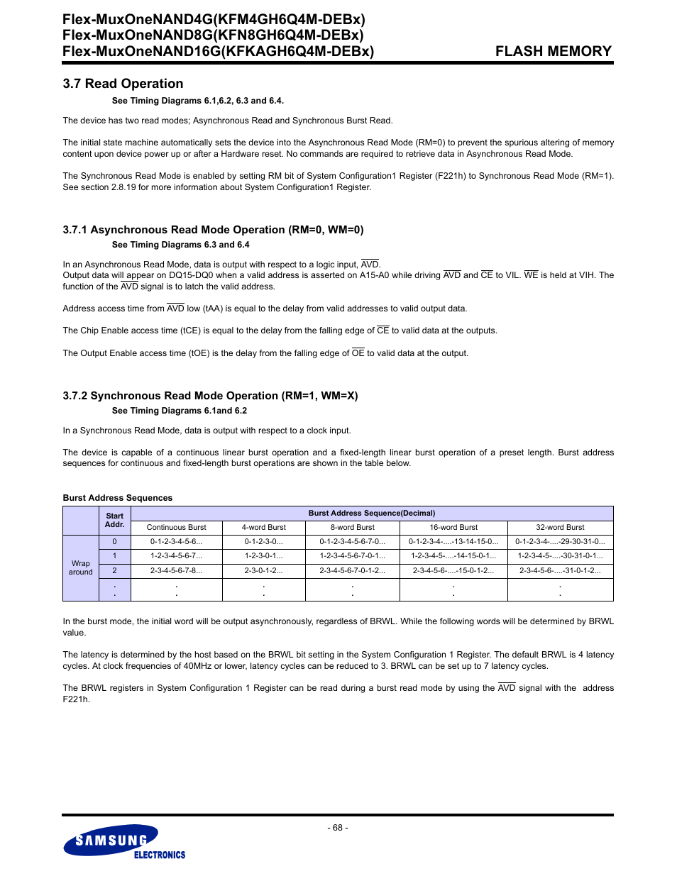 7 read operation, 1 asynchronous read mode operation (rm=0, wm=0), 2 synchronous read mode operation (rm=1, wm=x) | Flex-muxonenand4g(kfm4gh6q4m-debx) | Samsung FLEX-MUXONENAND KFN8GH6Q4M User Manual | Page 68 / 142