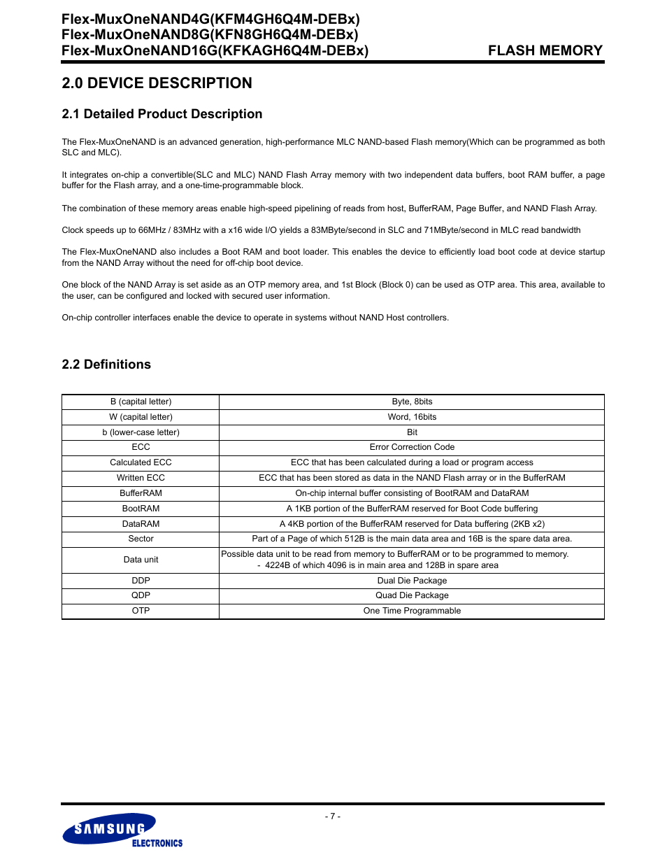 0 device description, 1 detailed product description, 2 definitions | Flex-muxonenand4g(kfm4gh6q4m-debx) | Samsung FLEX-MUXONENAND KFN8GH6Q4M User Manual | Page 7 / 142