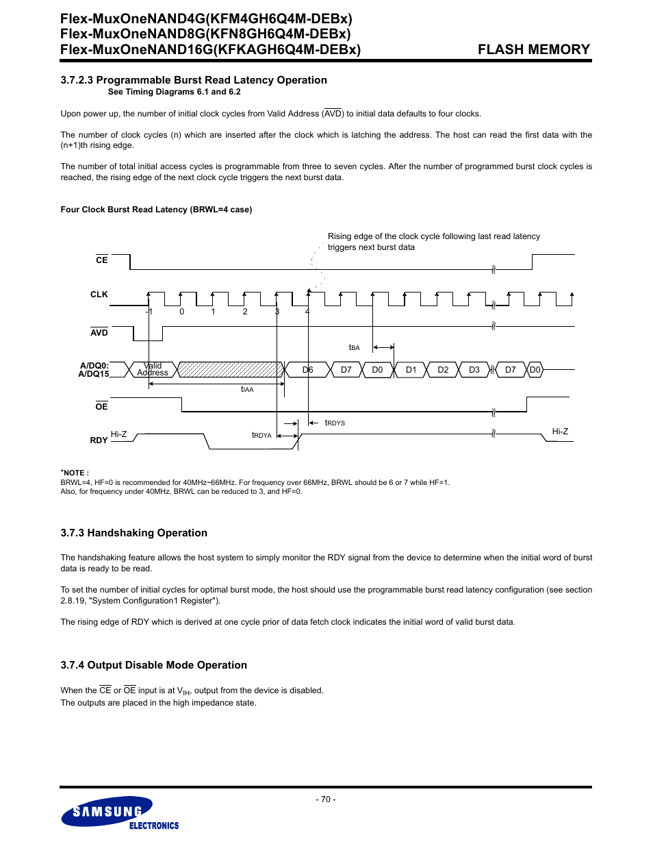 3 programmable burst read latency operation, 3 handshaking operation, 4 output disable mode operation | Flex-muxonenand4g(kfm4gh6q4m-debx) | Samsung FLEX-MUXONENAND KFN8GH6Q4M User Manual | Page 70 / 142