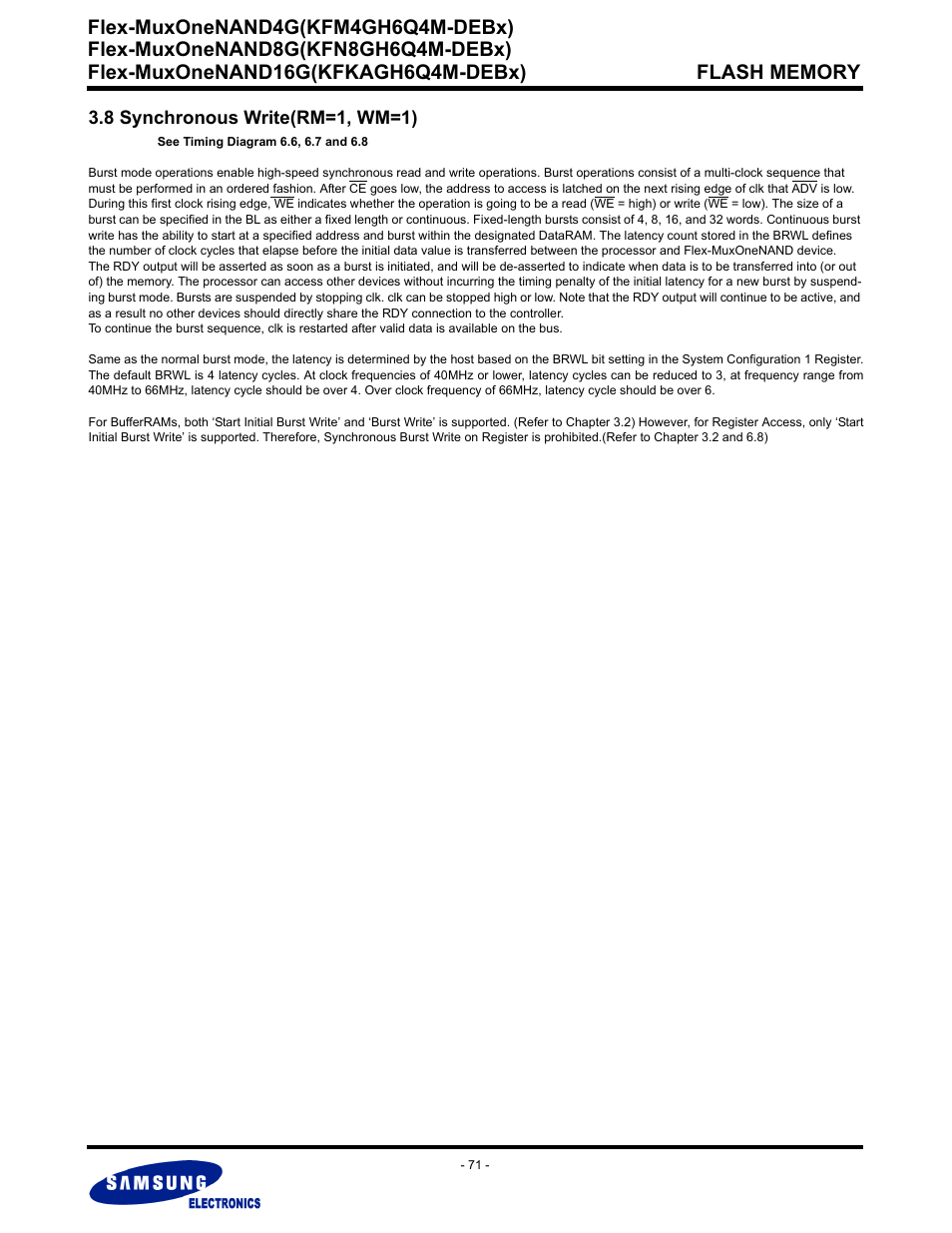 8 synchronous write(rm=1, wm=1), Flex-muxonenand4g(kfm4gh6q4m-debx) | Samsung FLEX-MUXONENAND KFN8GH6Q4M User Manual | Page 71 / 142