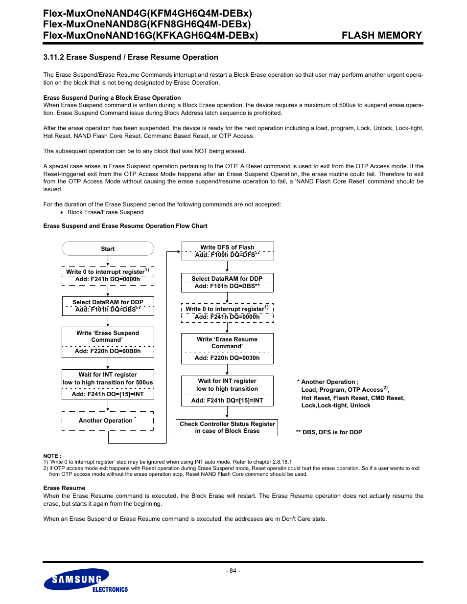 2 erase suspend / erase resume operation, Flex-muxonenand4g(kfm4gh6q4m-debx) | Samsung FLEX-MUXONENAND KFN8GH6Q4M User Manual | Page 84 / 142
