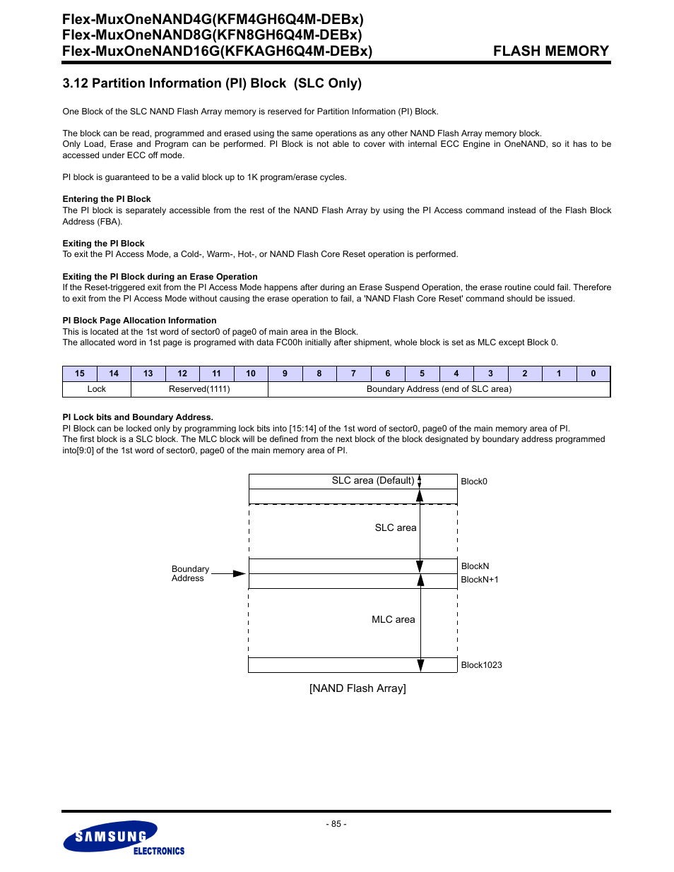 12 partition information (pi) block (slc only), Flex-muxonenand4g(kfm4gh6q4m-debx) | Samsung FLEX-MUXONENAND KFN8GH6Q4M User Manual | Page 85 / 142