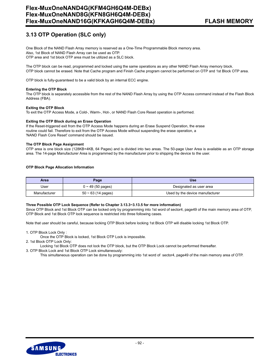 13 otp operation (slc only), Flex-muxonenand4g(kfm4gh6q4m-debx) | Samsung FLEX-MUXONENAND KFN8GH6Q4M User Manual | Page 92 / 142